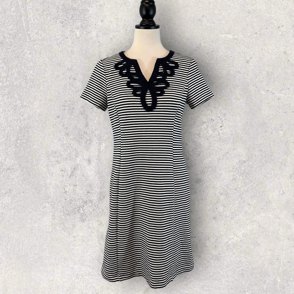 Talbots Blue White Stripe Shirt Dress Embroidered Neckline Size MP